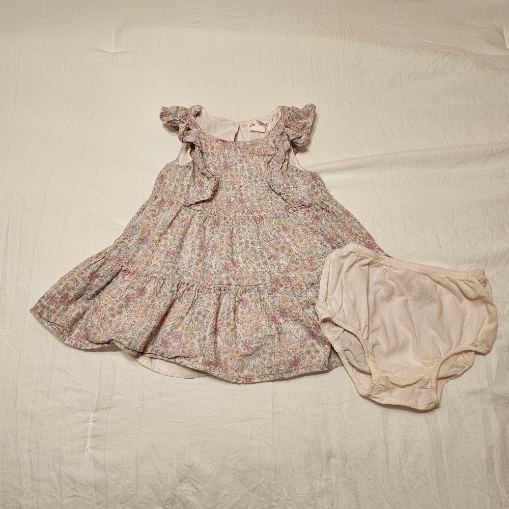 Cat & Jack Floral Light Pink Flutter Sleeve Dress with Diaper cover 18m